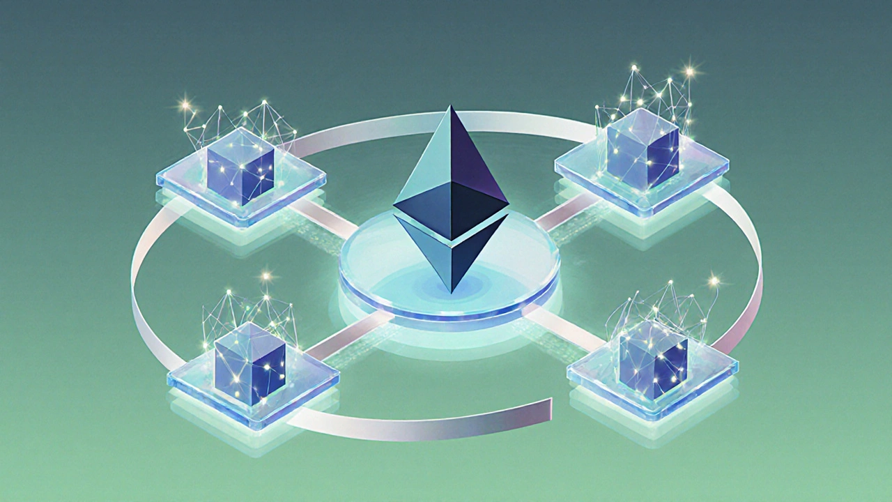 Scene of Ethereum shards processing transactions with a layer‑2 bridge, symbolizing lower fees.