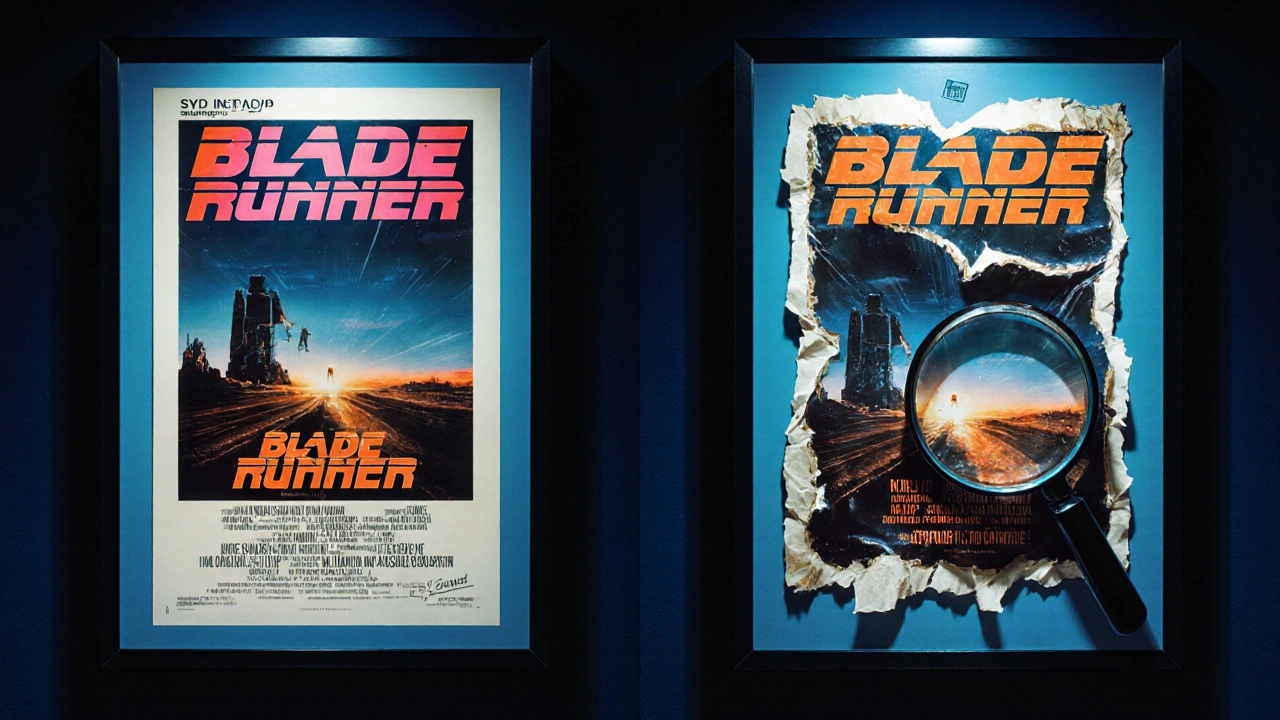 Side-by-side comparison of a pristine and damaged Blade Runner movie poster in a collector&#039;s display case.
