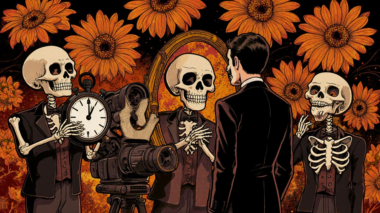Skeleton crew members observe a man staring into a mirror reflecting his own skull, with marigold-shaped comic bubbles.