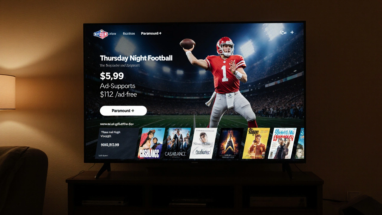 Smart TV playing live NFL game on Paramount+, with price tier overlay and classic movie posters.