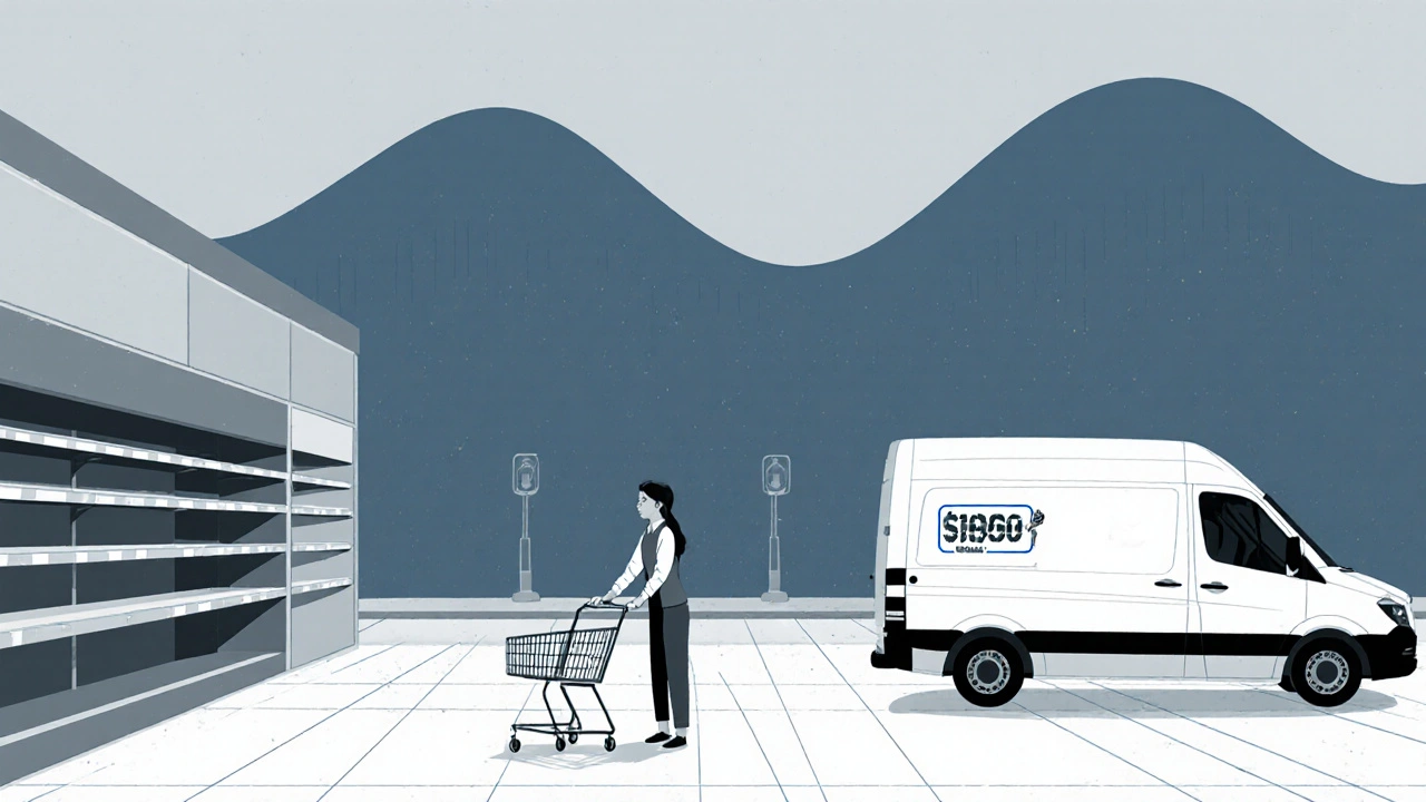 Sparse retail aisle with a hesitant shopper and a delivery van showing a fuel surcharge.