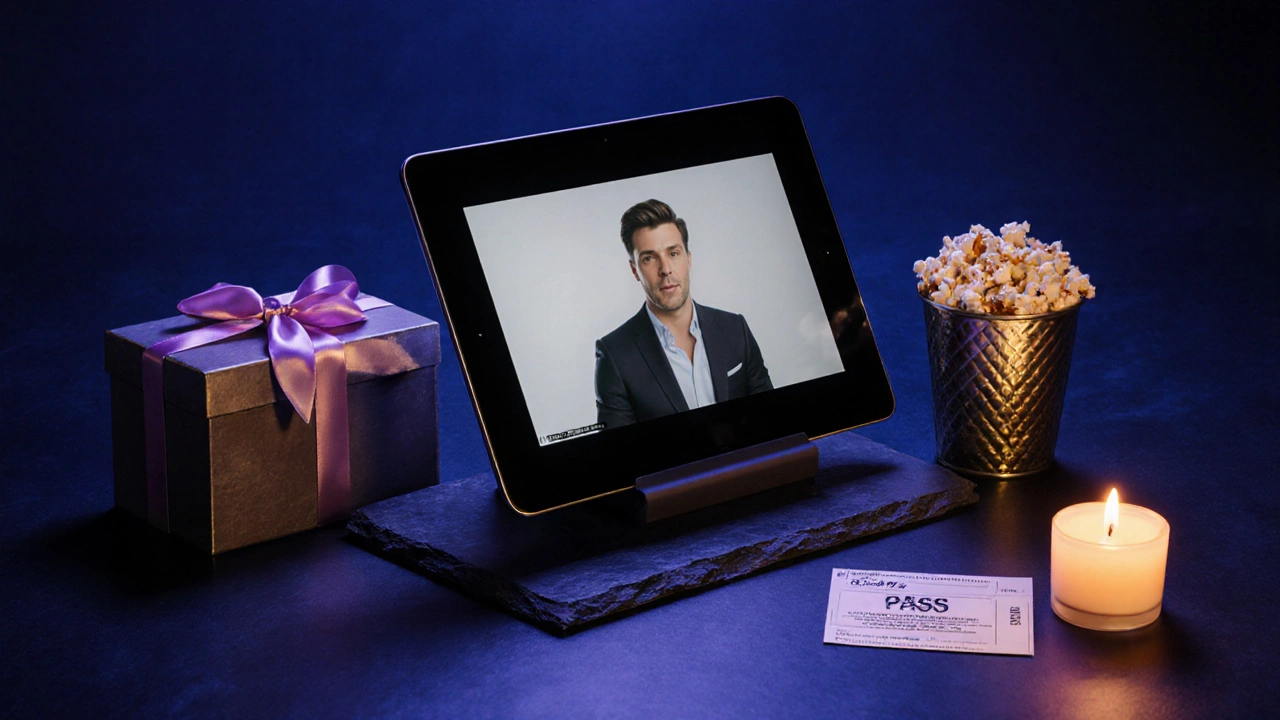 Tablet displaying a celebrity video message beside a gift box and snack.