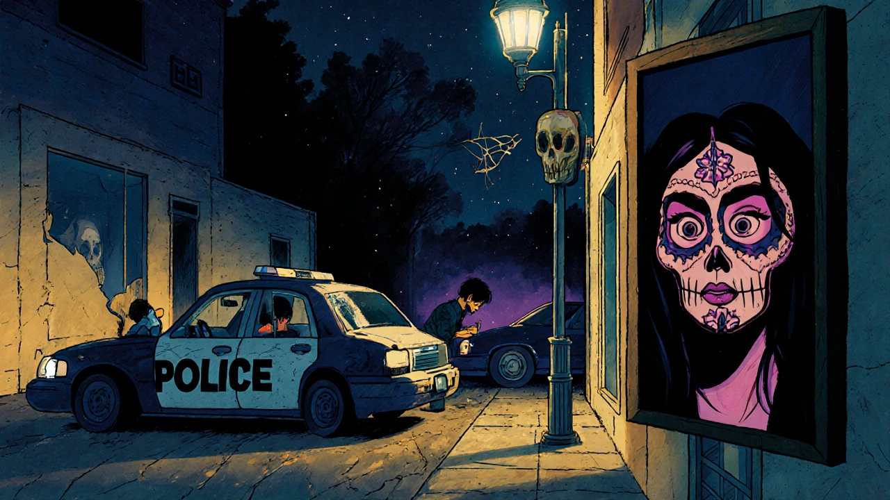 Three key scenes from the film overlapped as translucent sugar skull silhouettes in a shadowy alley, lit by candlelight.