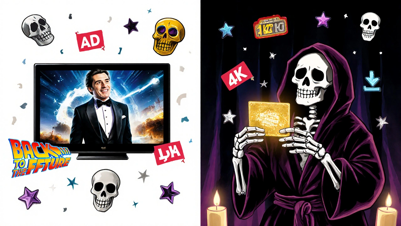 Two versions of a skeleton watching a movie: one with ads, one without, symbolizing free vs. premium Peacock plans.