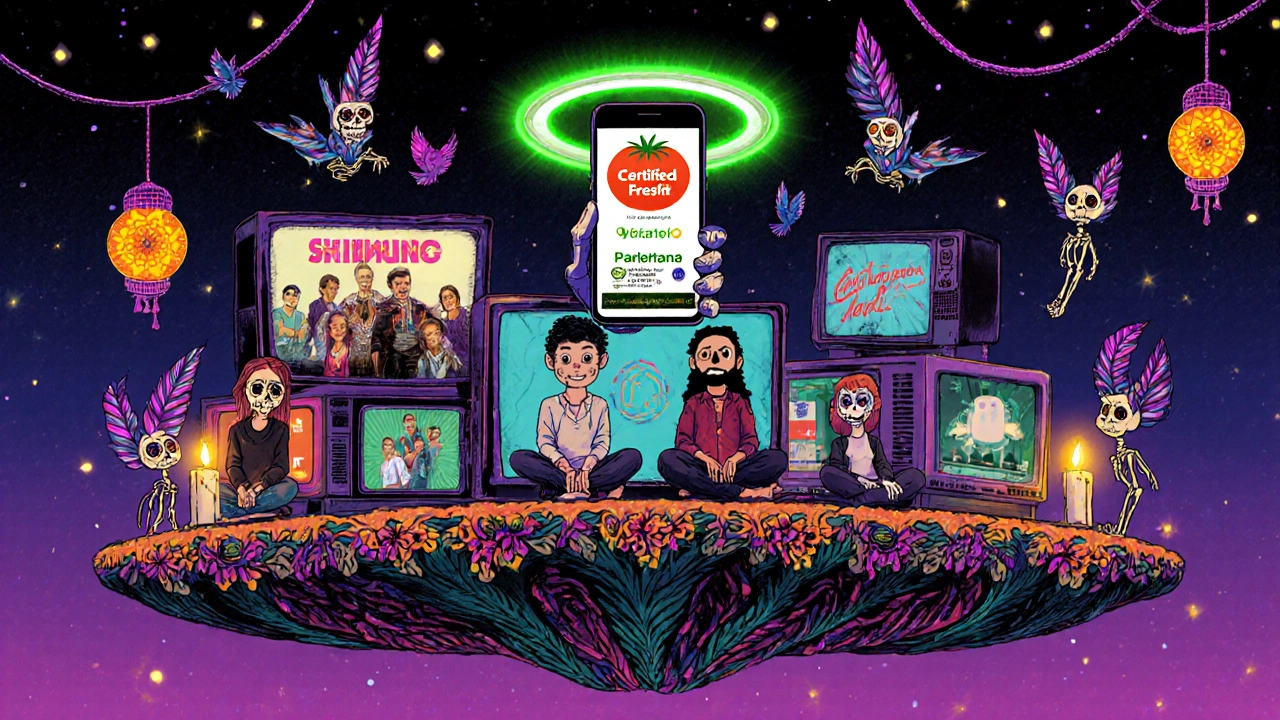 Viewers on a floating TV platform with a Rotten Tomatoes app casting a Certified Fresh halo, surrounded by filmstrip-feathered birds.