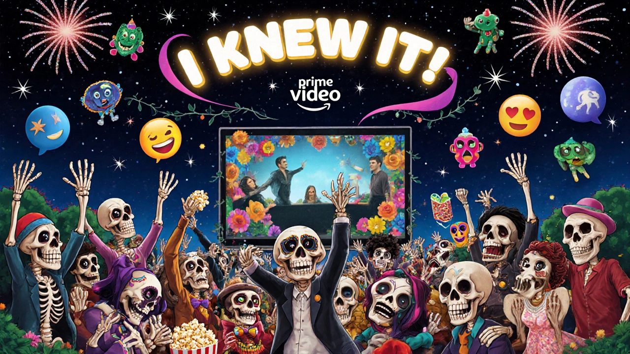 100 people react together to a TV climax, surrounded by floating emojis, sugar skulls, and alebrijes fireworks under a starry sky.