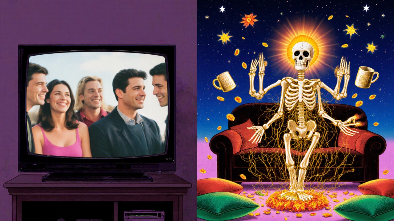 A blurry old TV contrasts with a glowing modern TV, where a skeletal AI deity weaves golden threads to enhance the image.