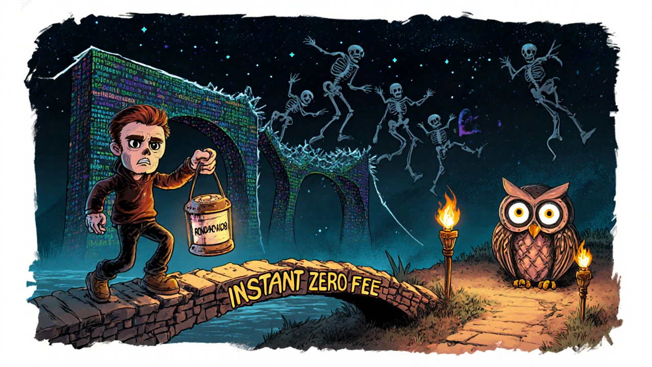 A cautious user crossing a risky bridge toward a safe path lit by audit torches, while a flashy but collapsing bridge looms behind.