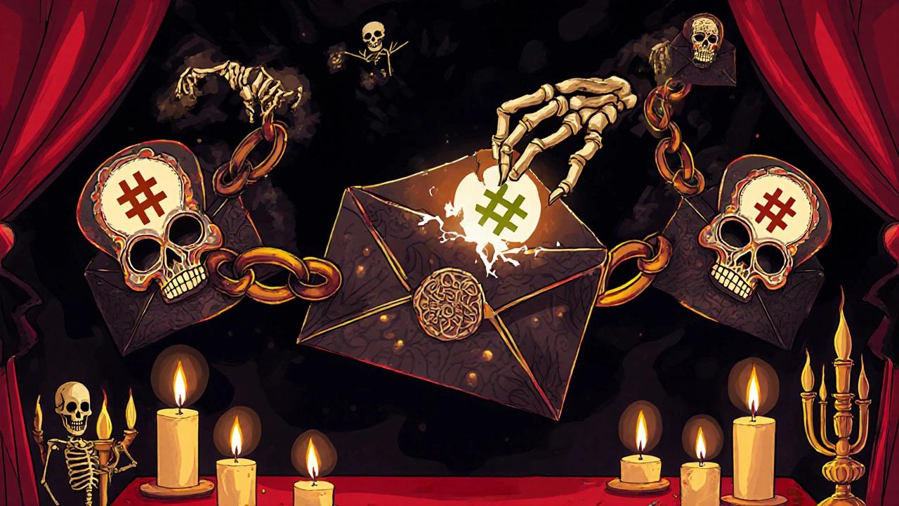 A chain of sugar skull envelopes, one cracked, as skeletons watch in disapproval.