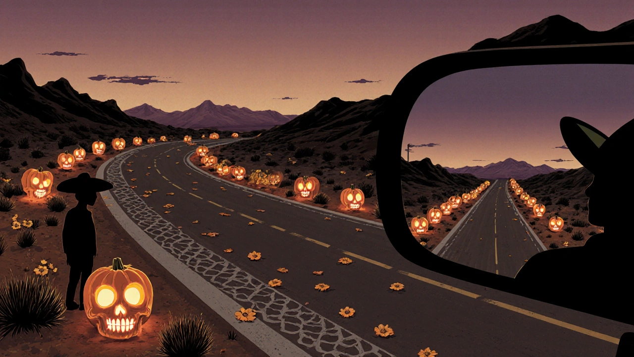 A deserted desert highway at dusk with skull jack-o’-lanterns and looping road reflections in Day of the Dead art style.