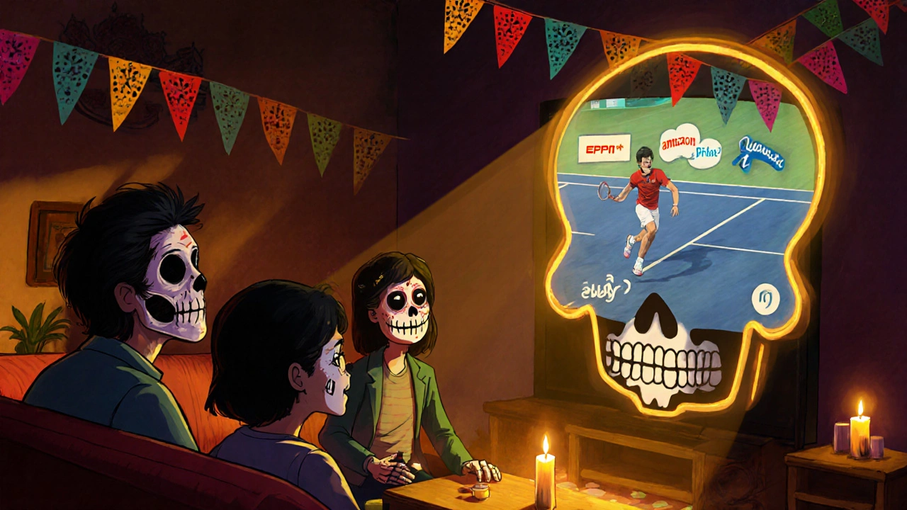 A family in Day of the Dead face paint watches tennis on a skull-shaped TV with glowing lanterns.