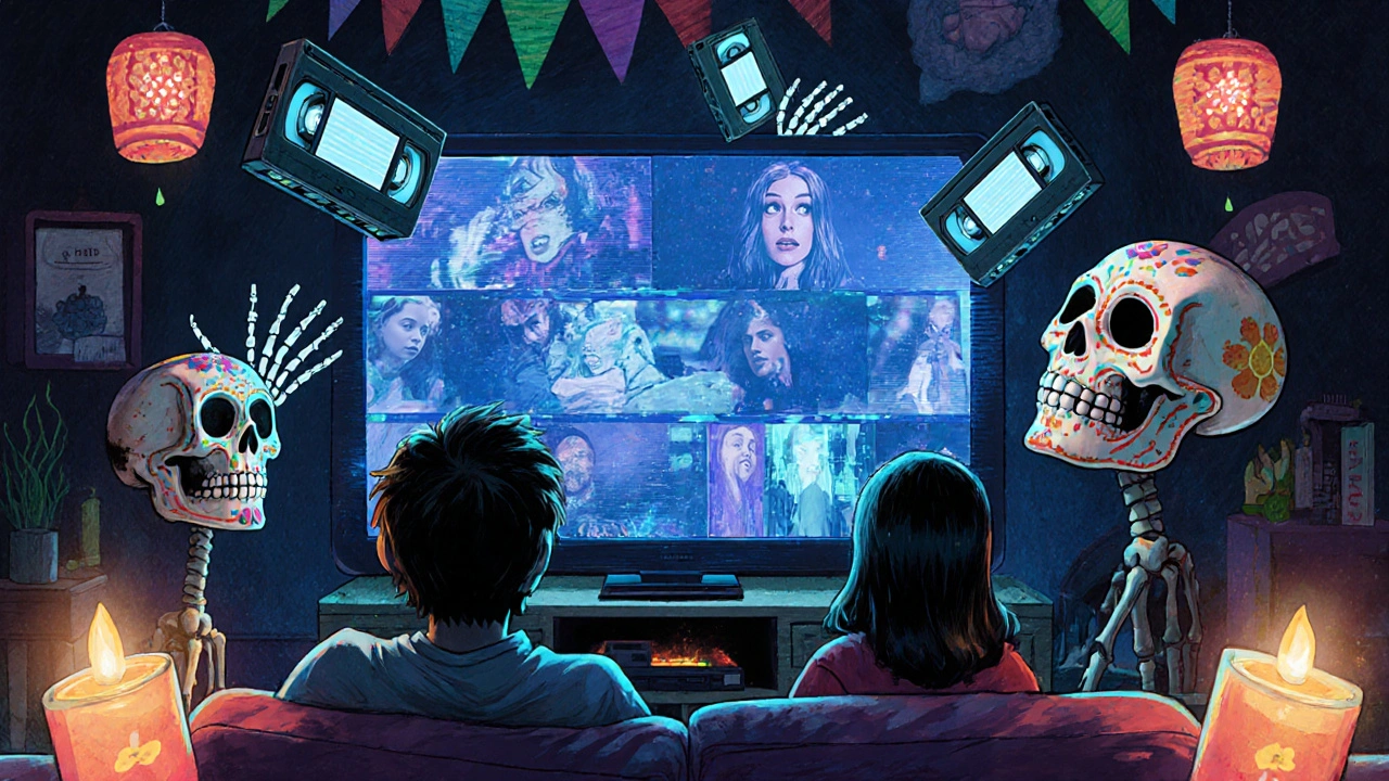 A family watches a VHS tape whose horror scenes transform their faces into sugar skulls, surrounded by floating tapes.