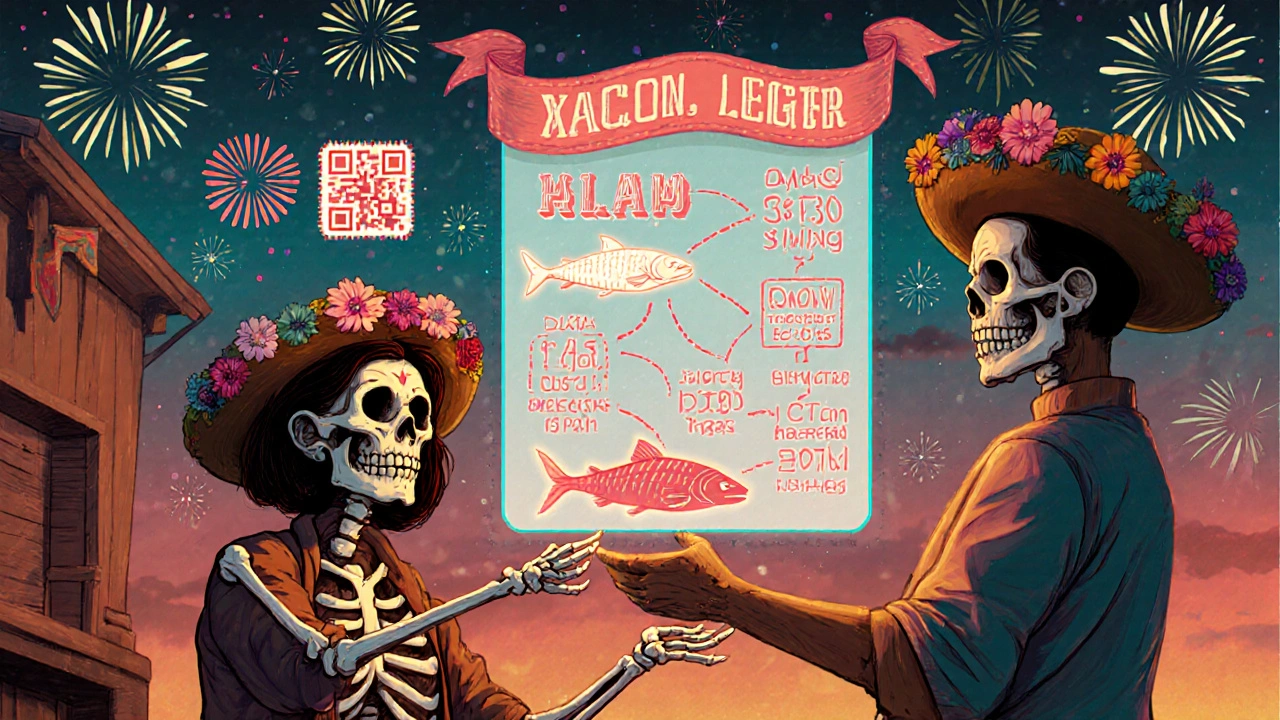 A farmer and customer trade salmon under a floating digital ledger with journey data.