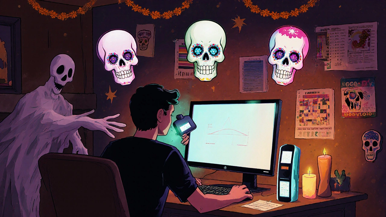 A filmmaker calibrating a monitor with a skull-shaped tool, three film versions floating above in vibrant color spaces.