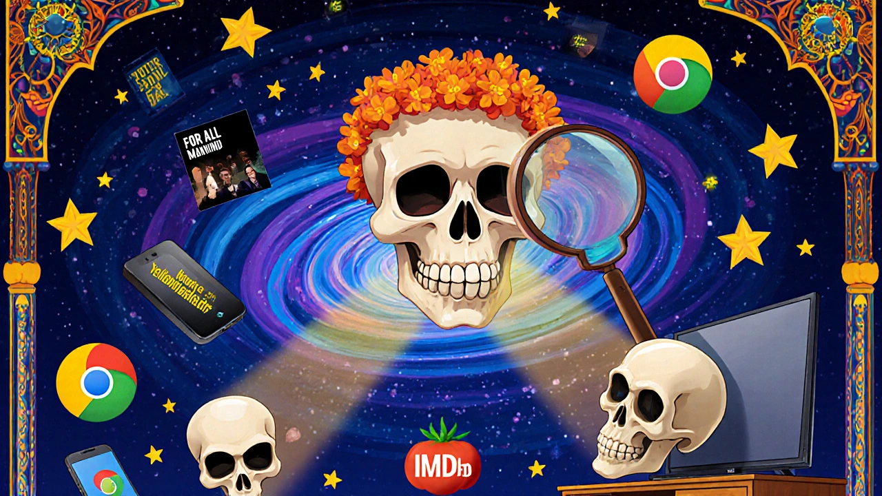 A glowing skull with marigold petals analyzes TV shows in a swirling display of streaming content.