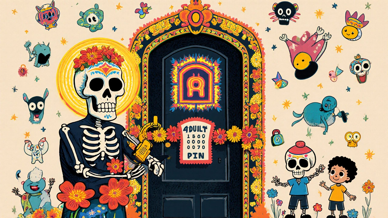 A guardian skeleton blocks adult content with a PIN and sugar skull locks, while children play safely nearby.