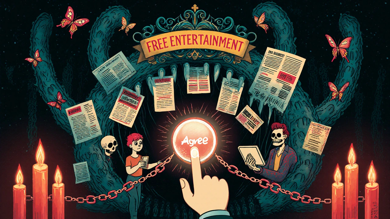 A hand clicking &#039;Agree&#039; as chains bind people to a monster made of ads and insurance forms.