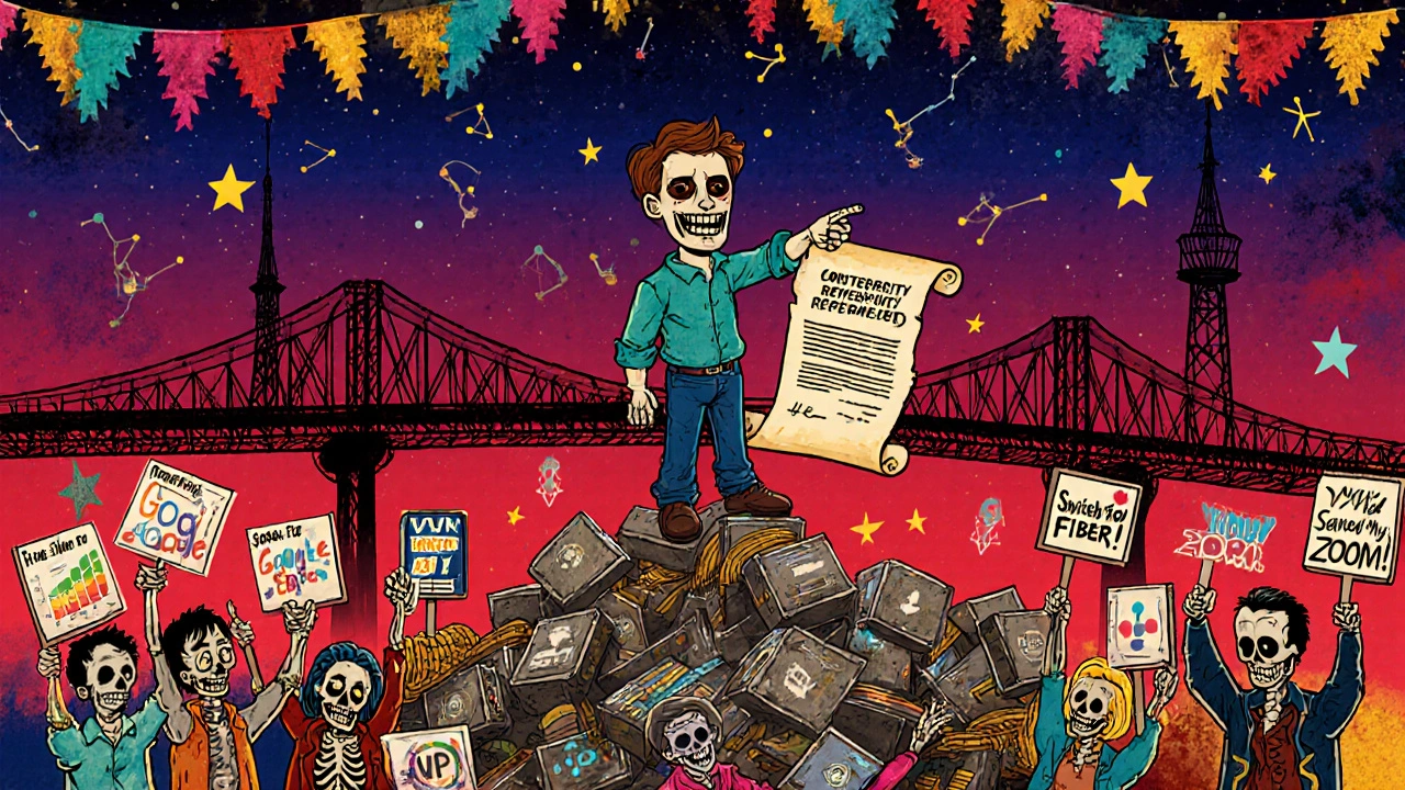 A homeowner standing on broken cable boxes, pointing to fiber and 5G towers as skeleton users celebrate with signs.