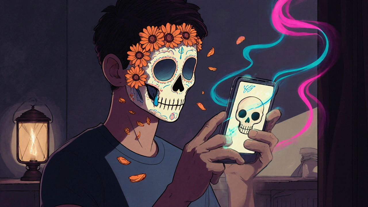 A man holds a phone that transforms into a petal-like spirit, reflecting a tear-shaped skull.