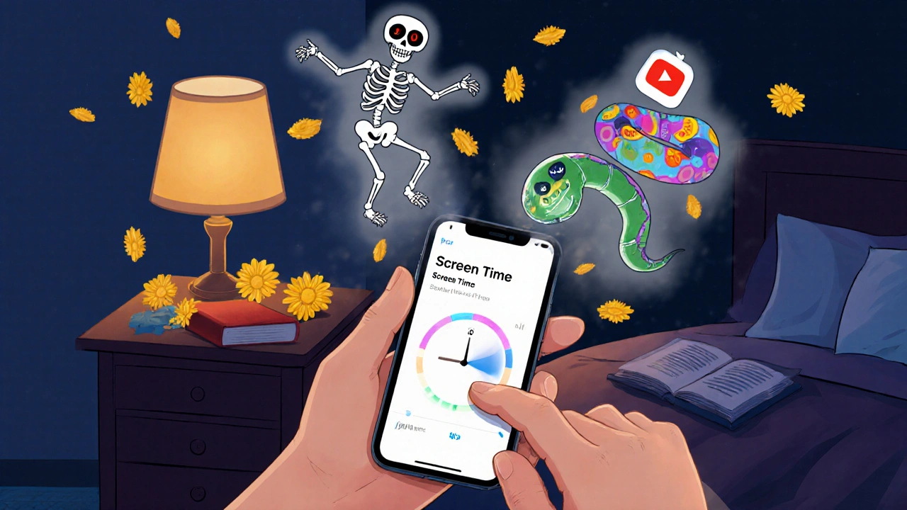 A parent sets digital bedtime limits as ghostly streaming apps dissolve into marigold petals, warm lamp light replacing screen glow.