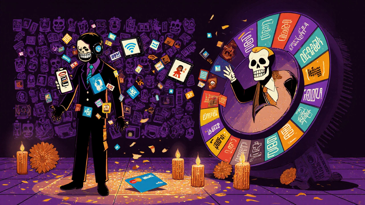 A person&#039;s silhouette being pulled apart by a data wheel, with corporate figures collecting profiles.