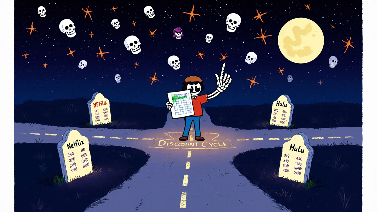 A person choosing a path to save money, guided by a spreadsheet-turned-skeleton amid skull tombstones of streaming prices.