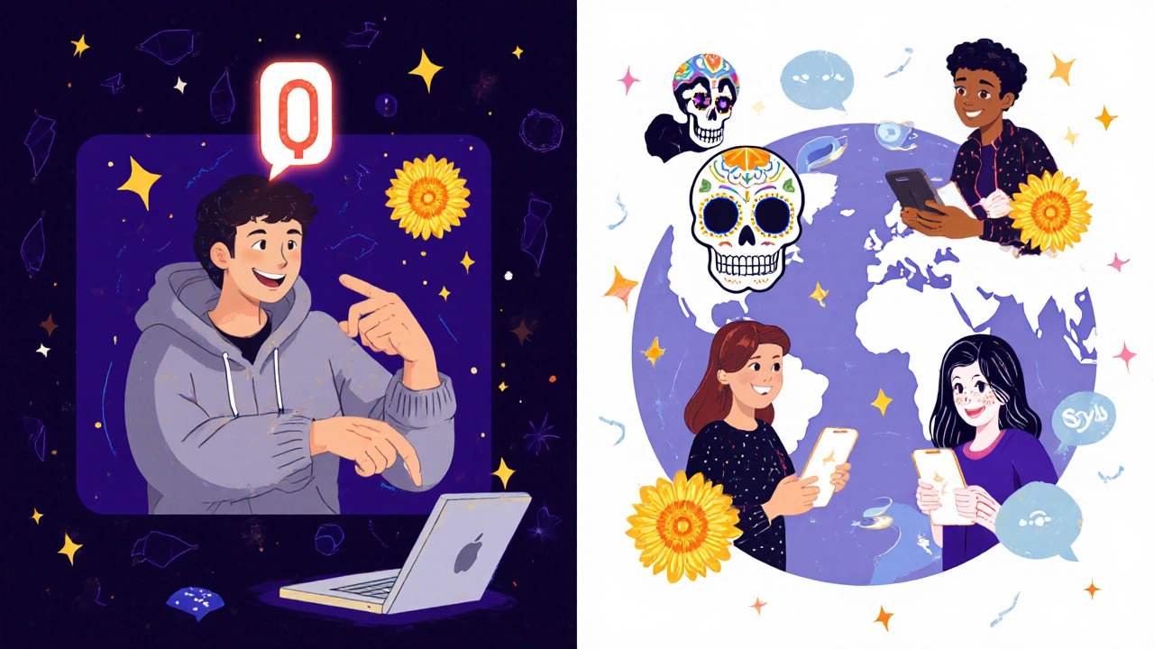 A person sends a Watch Party link that transforms into a glowing portal connecting friends across the world with marigolds and skeletons.