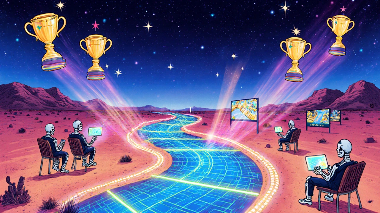 A river of streaming tennis matches flows through a desert, watched by skeletal fans under starry skies.