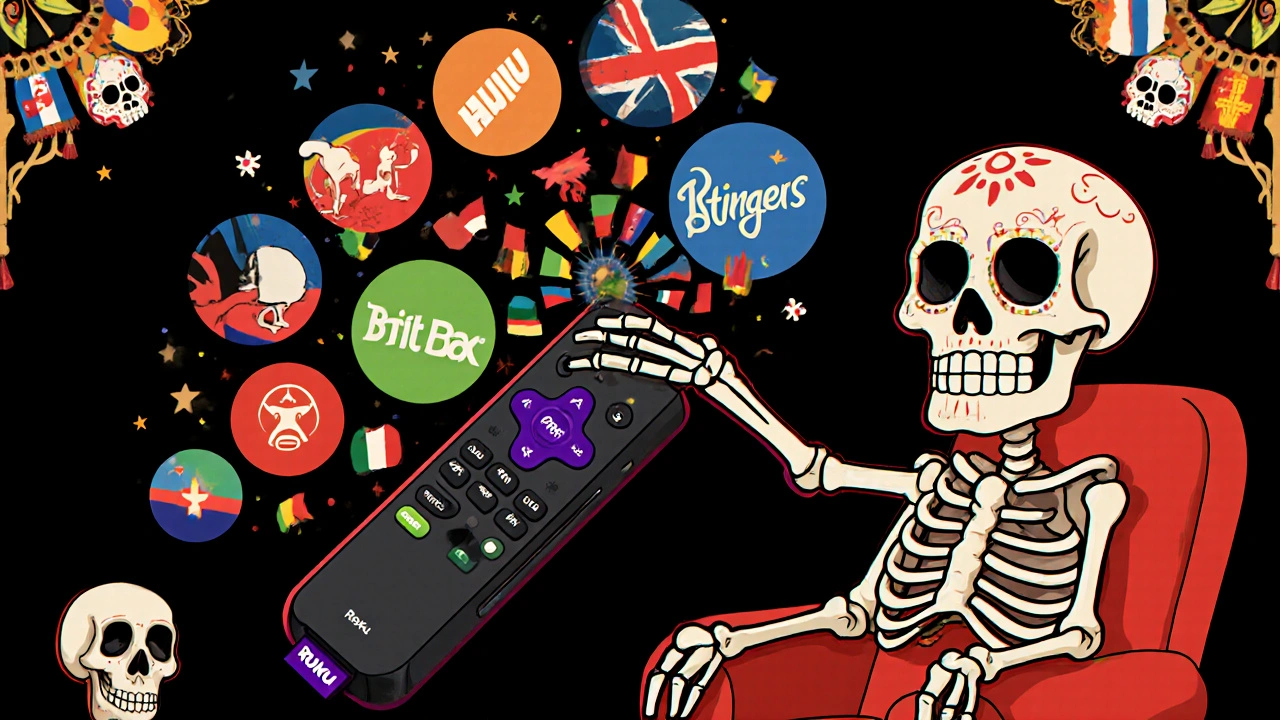 A Roku remote shaped like a skeleton launches streaming apps in vibrant, international-themed colors.