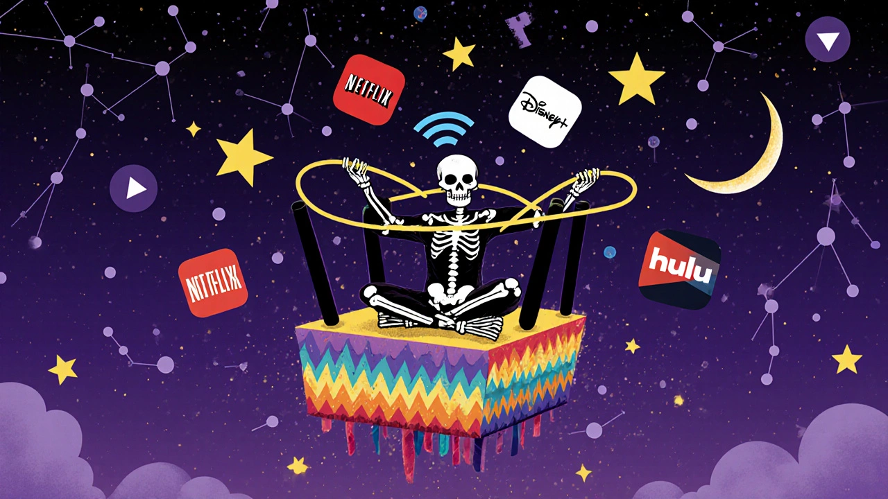 A skeletal person controlling a piñata router as streaming apps crash like falling stars in a night sky.