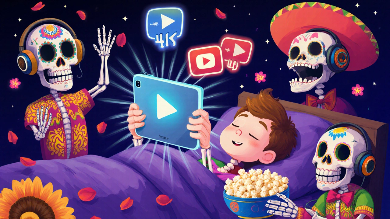 A skeleton teen streams Prime Video on an iPad in bed, with downloaded movie icons and glowing 4K waves around them.