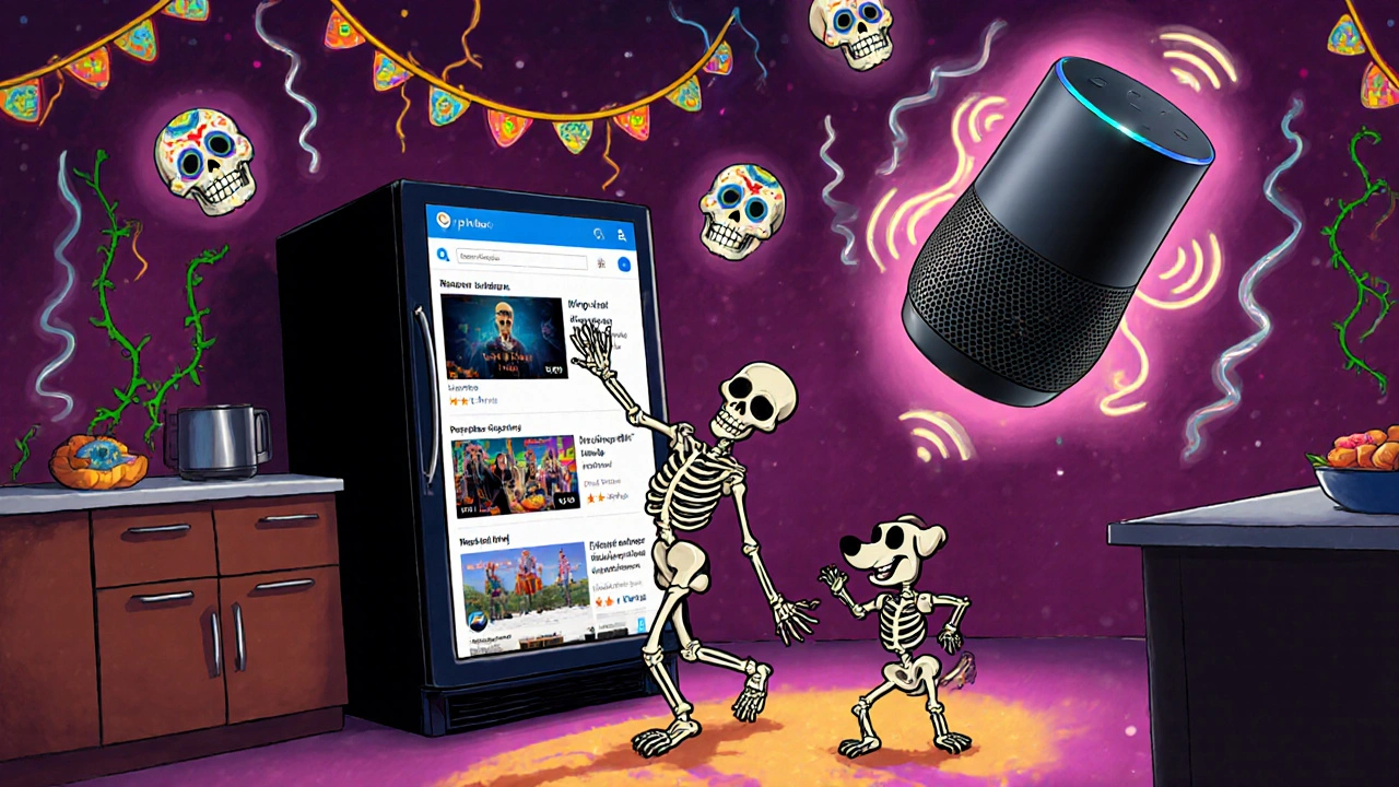 A skeleton watches Prime Video on a smart fridge while a dog watches below, with Echo Show and marigold vines floating nearby.