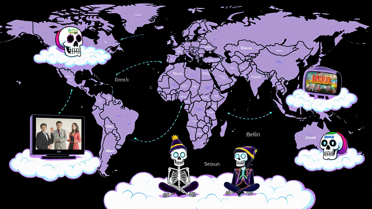 A skull-shaped global map with glowing pathways to international shows, watched by festive skeletal viewers in Day of the Dead style.