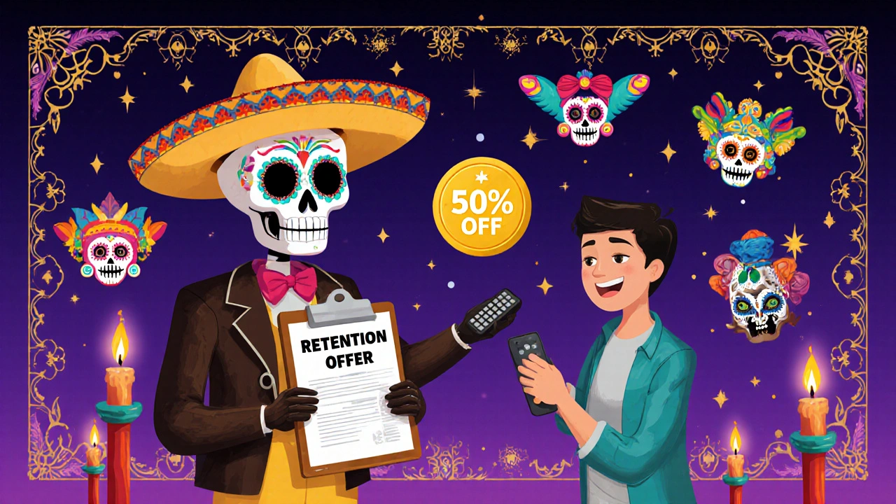 A sugar-skull customer service rep offering a golden 50% off coin to a customer with floating streaming perks.