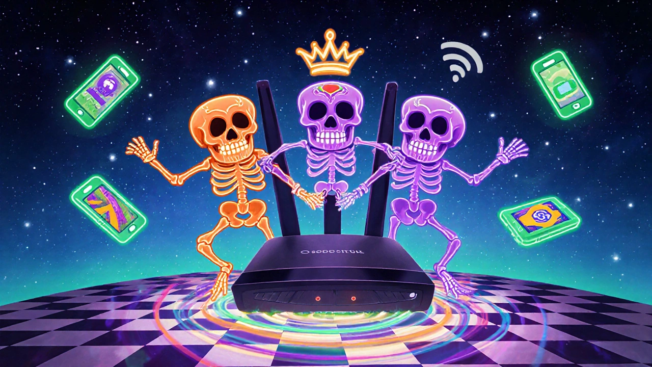 A three-headed skeletal router with glowing bands managing separate device streams in a cosmic Wi-Fi dance.