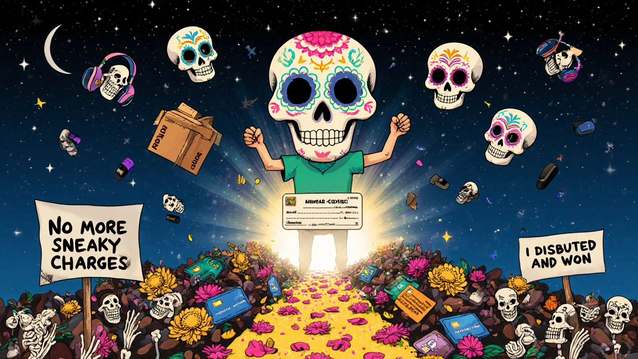 A triumphant figure holds a sugar skull refund check, standing on broken subscription boxes as skeletal cheers fill the sky in a Day of the Dead celebration.
