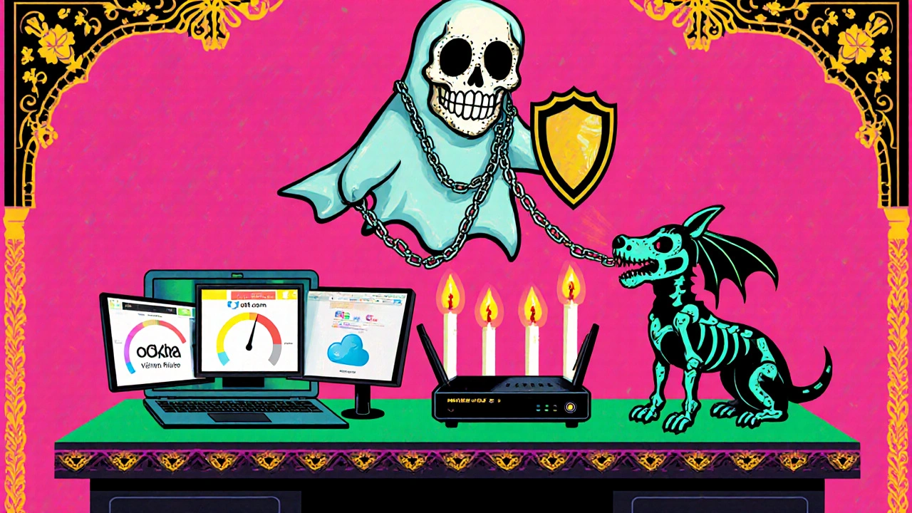 A VPN ghost dissolving throttling chains over a laptop, with three speed test monitors glowing like candles on a desk.