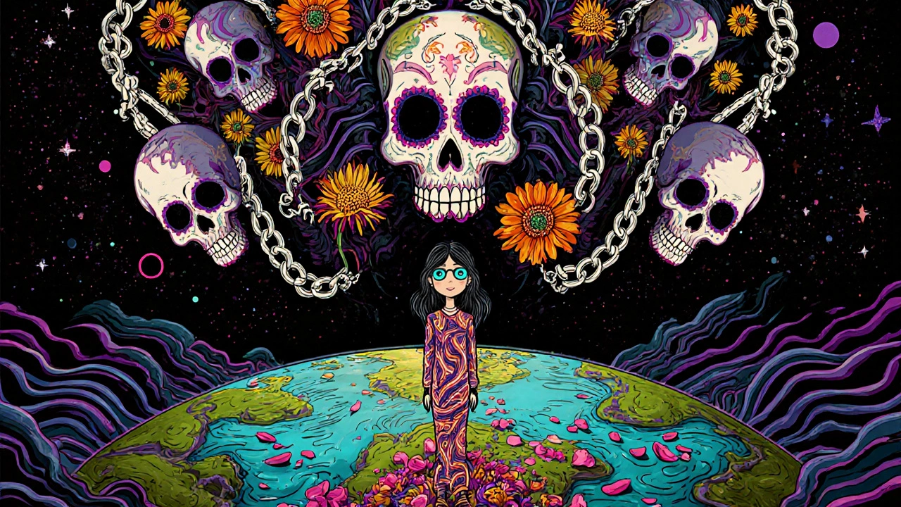 A woman transforming into fractal bones and petals, facing a cosmic skull entity in Day of the Dead aesthetic.