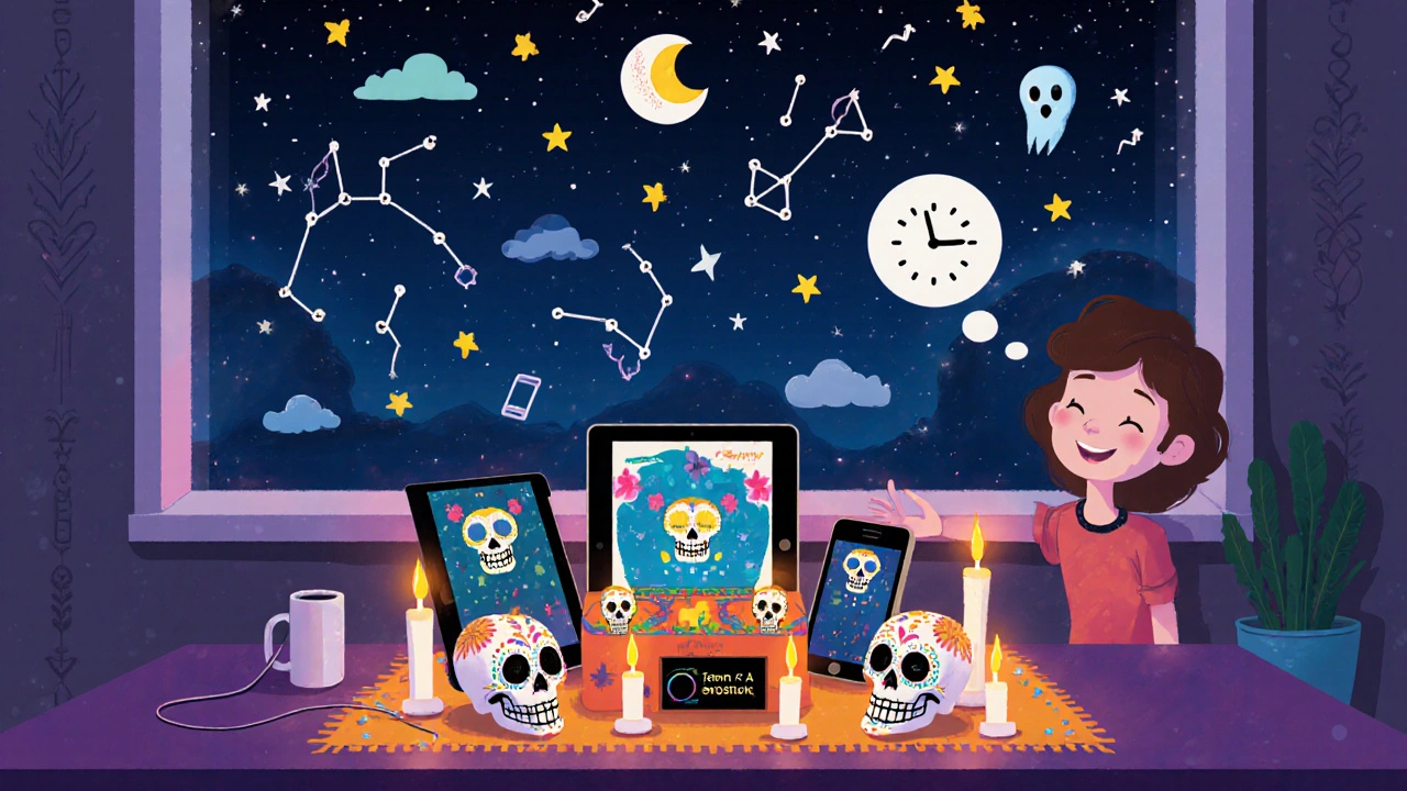 All devices charge on an altar-style station in the kitchen, surrounded by sugar skulls and candles, under a dreamy night sky of sleep symbols.