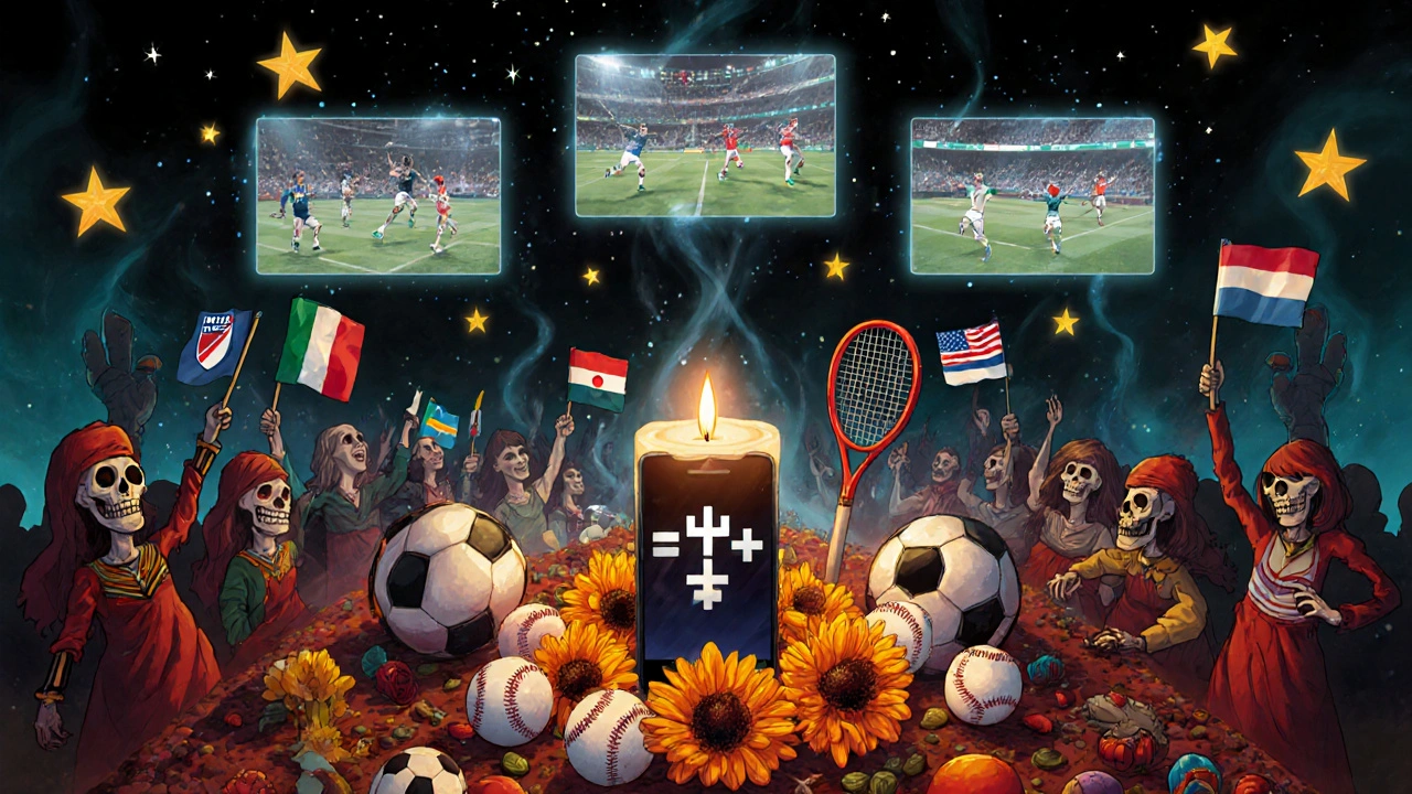 An altar honoring sports legends with glowing ESPN+ icon, holographic matches, and fans from around the world in Day of the Dead style.