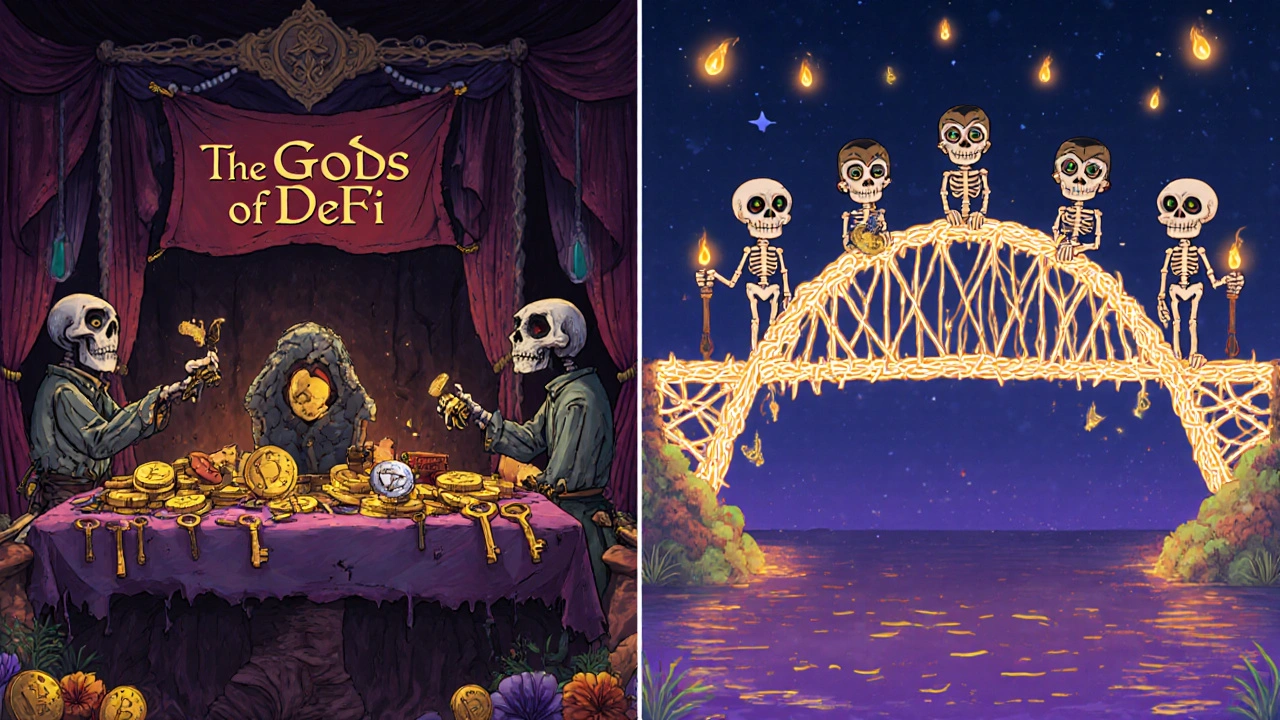 An altar to DeFi gods with two bridge designs: one crumbling with careless custodians, the other secure with interconnected validators.