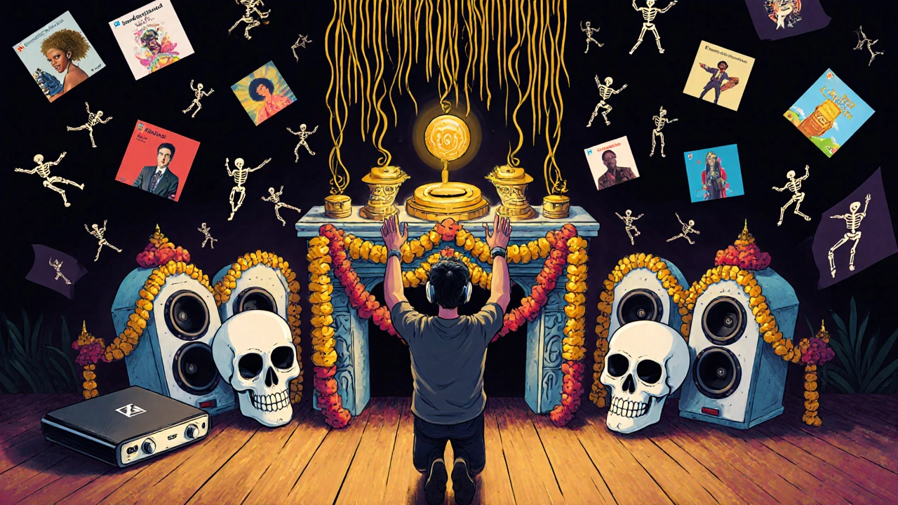 An altar to the God of Sound features headphones, a DAC, and floating album art as golden sound waves rise into the night.