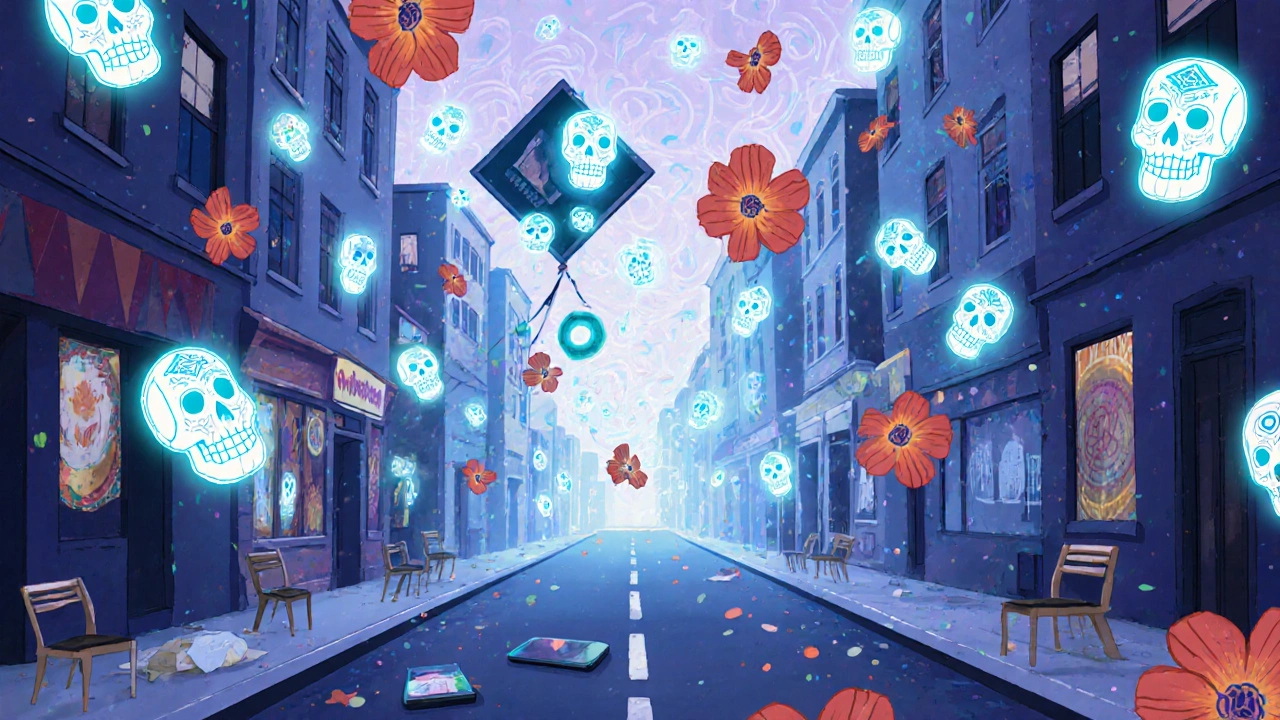 An empty cityscape where buildings breathe with glowing skulls and floating floral patterns.