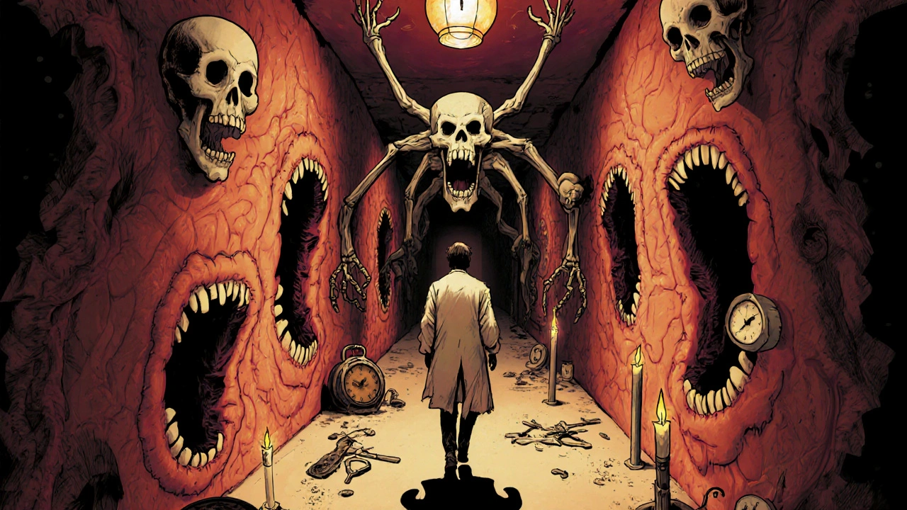 An endless hospital corridor with flesh walls and screaming skulls, lit by floating eye-shaped lanterns.