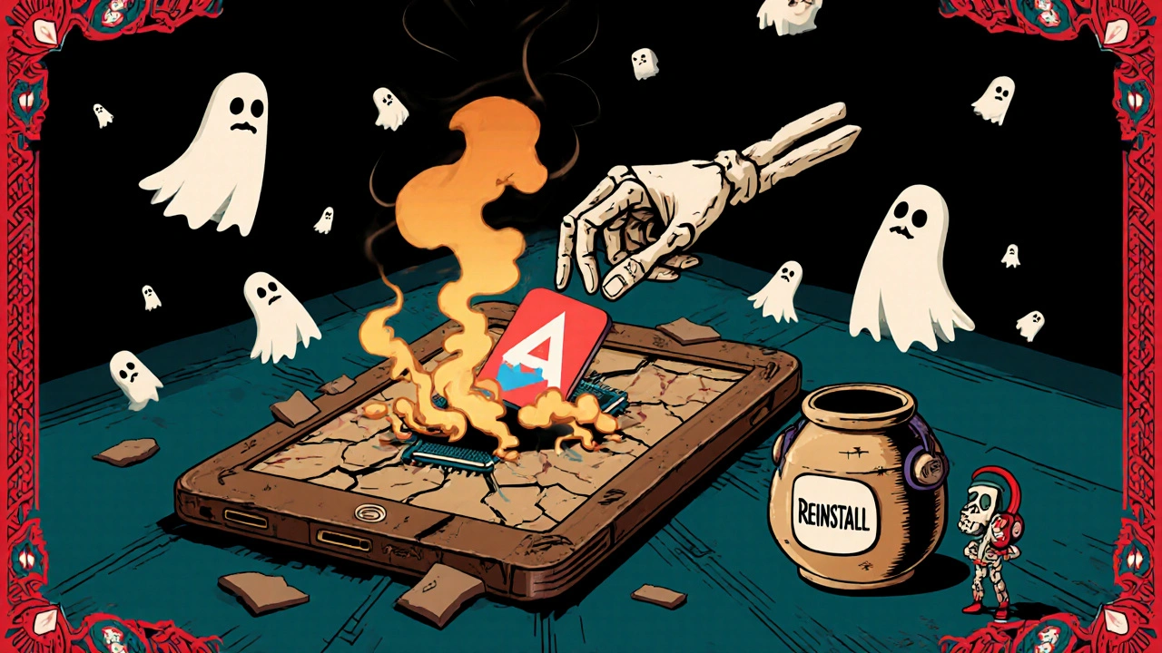 An old device crumbling as ghostly apps dissolve into marigold smoke, with a hand installing a fresh app in an urn.