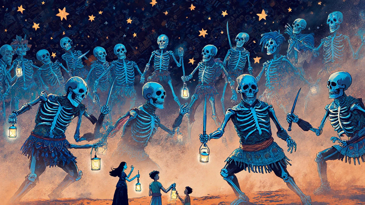 Chloé Zhao directing skeletal Eternals made of textiles, under a starry papel picado sky.