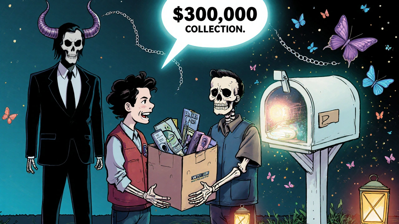 Customer gives cable box to skeletal postal worker, tracking number glowing as collection agent fades away.