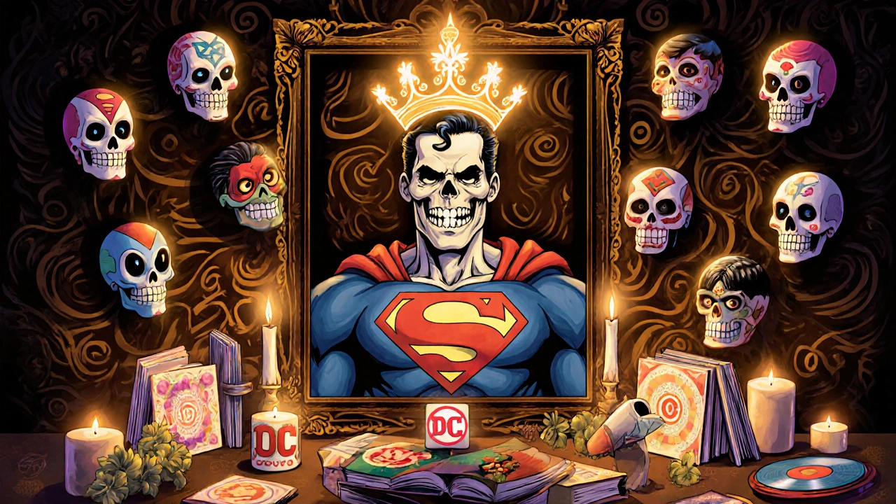Day of the Dead altar honoring DC’s multiverse with Superman skeleton and floating character masks.