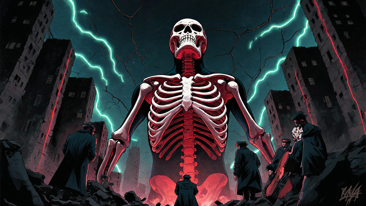 Giant skeletal figure pulses with crimson energy, representing the &#039;BRAAAM&#039; sound in a ruined city.