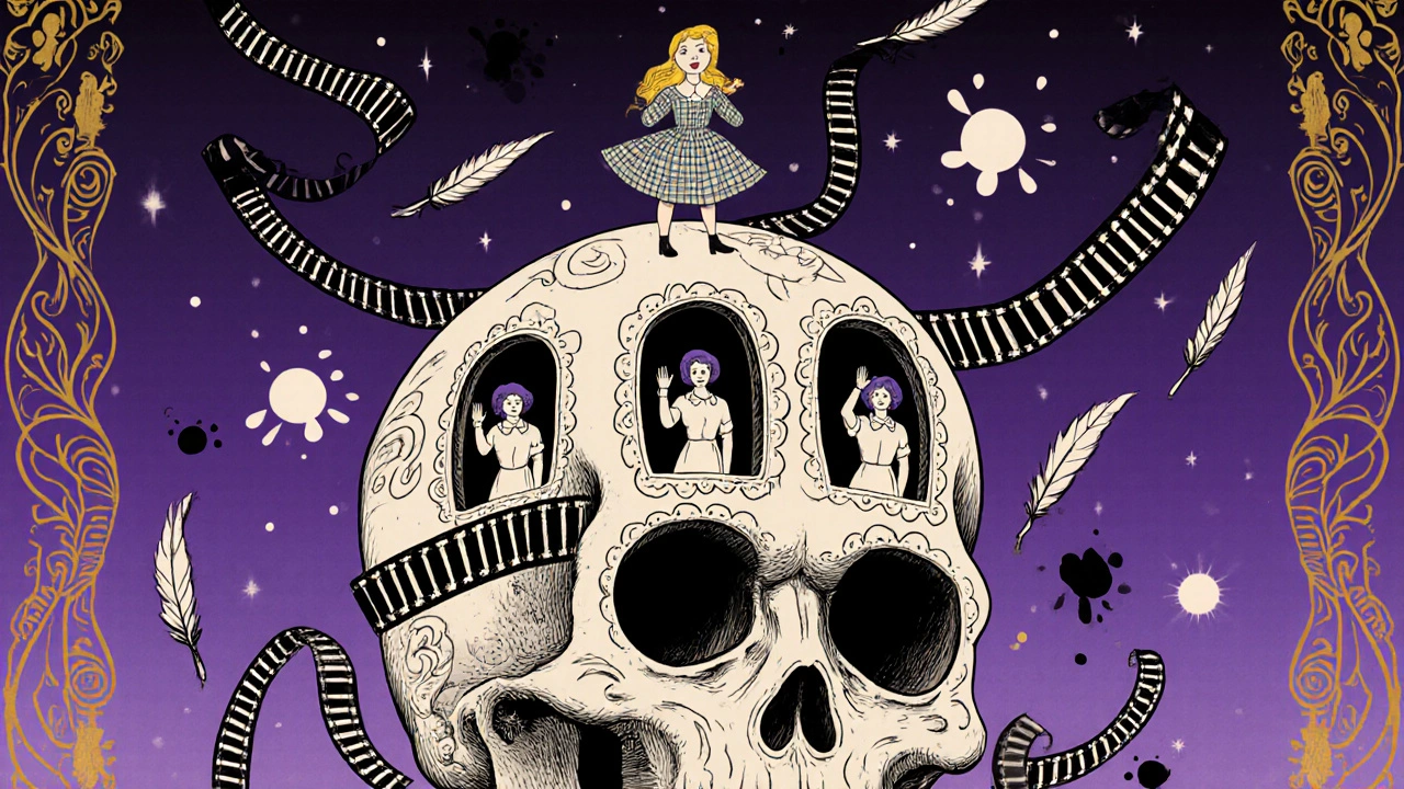 Greta Gerwig on a sugar skull set, with ghostly sisters and floating Oscars in Day of the Dead style.